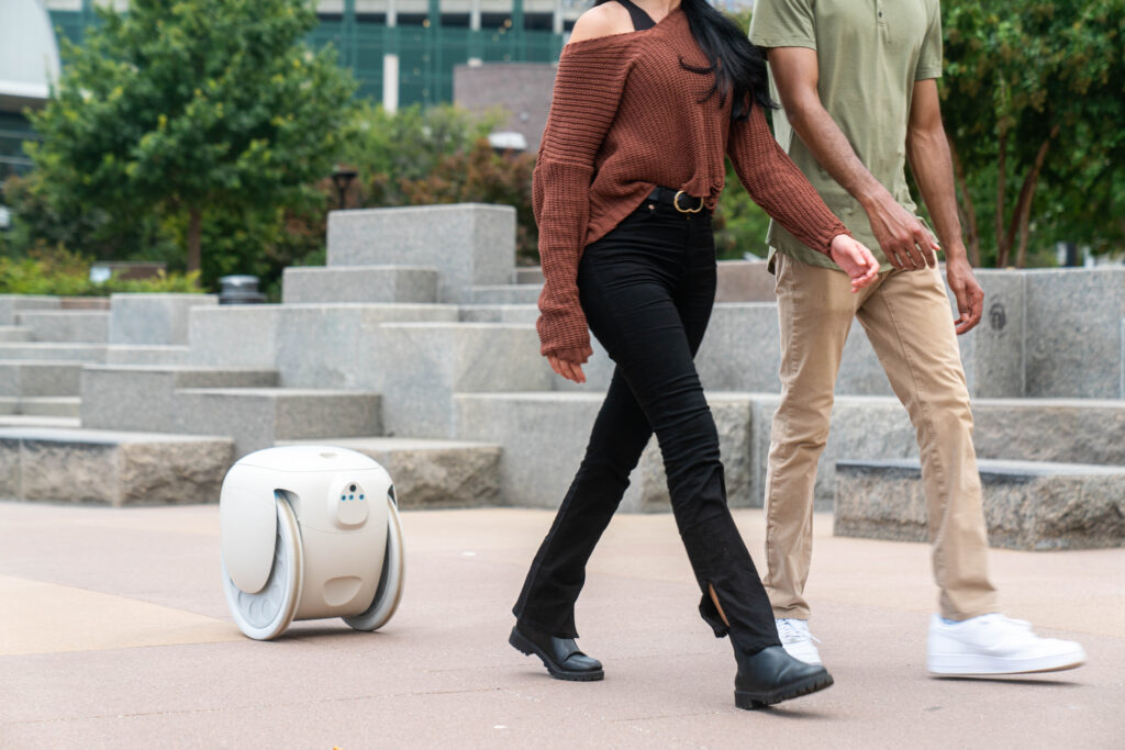 image of a couple walking with a Gita robot